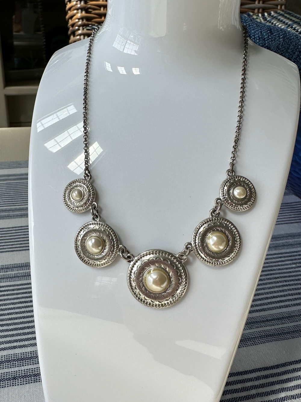 Silver-Tone Pearl Disc Statement Necklace - Women Jewelry
